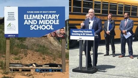Premier John Horgan onsite June 17, announcing the province would provide $88.6 million to build a 500-seat elementary school and a 700-seat middle school in Langford. Langford