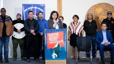 Tsleil-Waututh Nation Chief Leah George-Wilson speaks at a press conference held Tuesday by Indigenous leadership in response to Canada’s decision to expand the Trans Mountain pipeline. Indigenous leaders respond to TMX approval