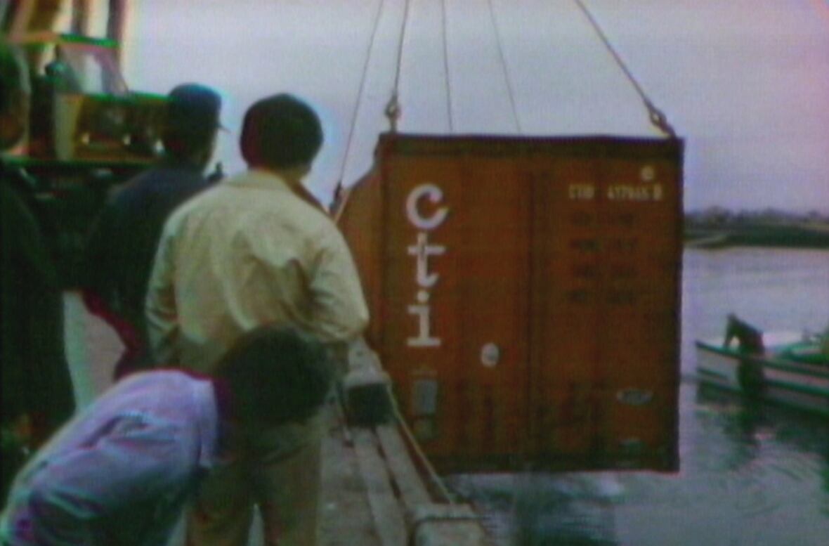 People watch container being hauled off a ship