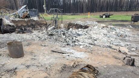 A photo of what's left of Wanuch's home in Paddle Prairie after the Chuckegg Creek wildfire. Her dog, Earl, taking a nap. Wanuch's house