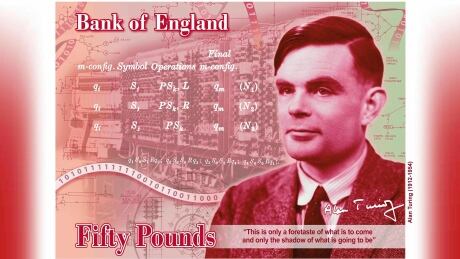 In this undated handout provided by the Band of England on Monday, July 15, 2019, a view of the the concept of the new 50 pound note bearing the image of Second World War code-breaker Alan Turing. The Bank of England has chosen codebreaker and computing pioneer Alan Turing as the face of the country’s new 50 pound note. Governor Mark Carney said Monday that Turing was “a giant on whose shoulders so many now stand.” Turing’s work cracking Nazi Germany’s secret communications helped win World War II, but after the war he was prosecuted for homosexuality, and died in 1954 after eating an apple laced with cyanide. (Bank of England via AP) Britain Alan Turin