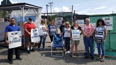 Members of United Steelworkers Local 1-1937 are joined by nurses from the Hospital Employees' Union on the picket line outside the Alberni Pacific Division Sawmill. Striking forestry workers in Port Alberni