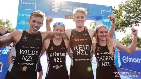 Team New Zealand stormed back in the final three legs to win the elite mixed relay at the World Triathlon Series in Edmonton on Sunday.
Edmonton-Triathlon-072119