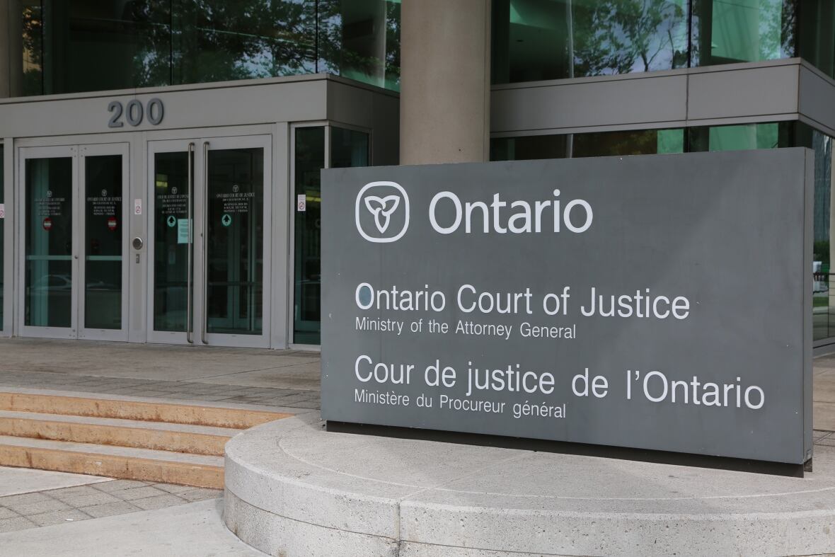 Ontario Court of Justice sign in front of courthouse