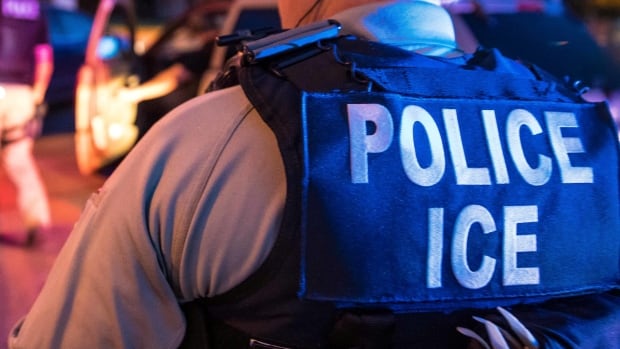 A man pictured from behind with the words "POLICE ICE" on his back.