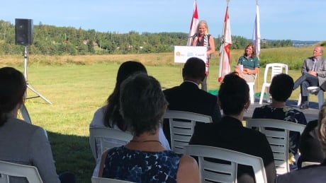 Catherine McKenna, federal Minister of Environment and Climate Change and Minister responsible for Parks Canada at Skmaqn–Port-la-Joye–Fort Amherst National Historic Site for the announcement Wednesday. mckenna PEI