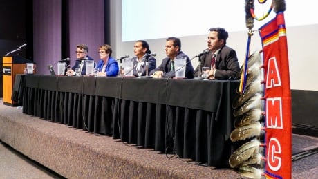 Many in the crowd at an Indigenous Townhall said they were disappointed with the lack of plans brought to the table by political candidates. Left to right, Dougald Lamont, Eileen Clarke, Wab Kinew, James Beddome and Dave Wheeler AMC Townhall