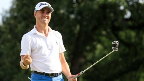 Justin Thomas of the United States celebrates on the 18th green after winning during the final round of the BMW Championship at Medinah Country Club No. 3 on August 18, 2019 in Medinah, Illinois. 1168827684