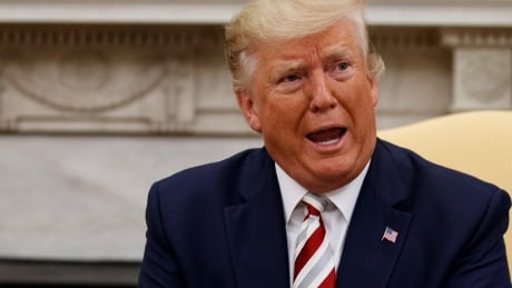 President Donald Trump speaks during a meeting with Romanian President Klaus Iohannis in the Oval Office of the White House, Tuesday, Aug. 20, 2019, in Washington. Trump