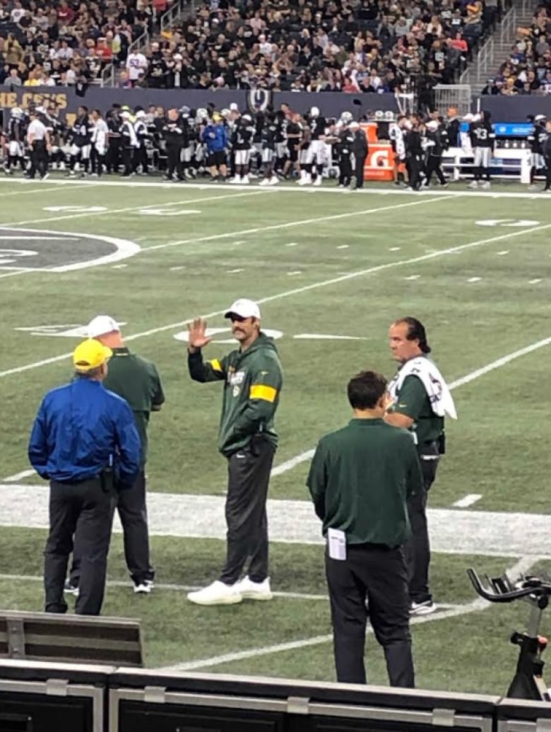 Aaron Rodgers Wears a Canadian Tuxedo in Winnipeg, Manitoba