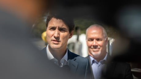 Prime Minister Justin Trudeau and B.C. Premier John Horgan making an announcement at the BC Hydro Trades Training Centre in Surrey on Thursday. Trudeau Horgan Stock