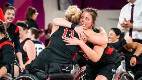 Erica Gavel celebrates the Team Canada gold medal win against USA in Lima, Peru. Erica Gavel Team Canada wheelchair basketball