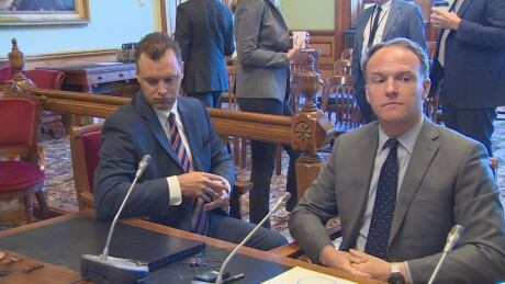 Irving Oil executive Andrew Carson (right) and Graham Little appeared at a legislature committee hearing into industrial property tax issues last week. They told MLAs the company pays property taxes on its refinery "above average in the market."
Andrew Carson