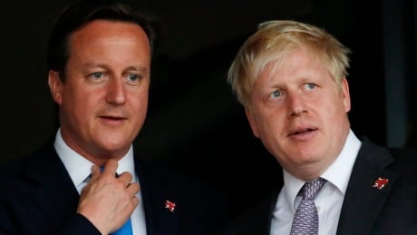 FILE - This is a Friday, July 27, 2012 file photo of Britain's Prime Minister David Cameron, left, and the then Mayor of London Boris Johnson as they wait for the start of the Opening Ceremony at the 2012 Summer Olympics, Friday, July 27, 2012, in London. Cameron announced Friday June 24 2016 that he plans to resign following the result of Britain's EU referendum. Cameron said he would stay on for as long as was necessary for stability's sake, but that he could not be the one to lead Britain out of Europe. Britain EU Cameron