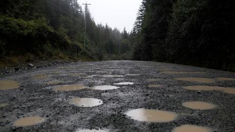 Dodging potholes is common along the road known as the Bamfield Main that leads to Bamfield, B.C. Vancouver Island Bus Crash 20190914