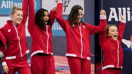 From left to right: Abi Tripp, Katarina Roxon, Aurélie Rivard and Tess Routliffe won bronze for Canada in the women’s 4x100-m freestyle relay on Sunday. para-Swim-091519