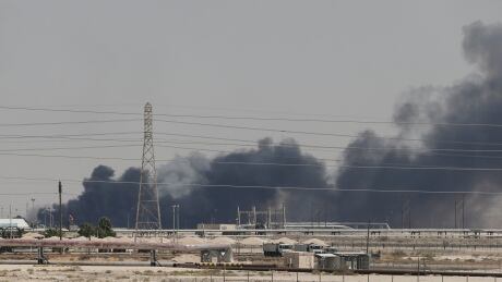 Smoke is seen following a fire at Aramco facility in the eastern city of Abqaiq, Saudi Arabia, September 14, 2019. SAUDI-ARAMCO/FIRE
