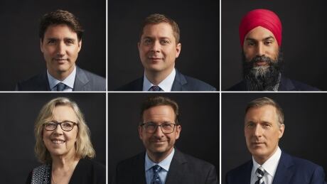 Top row, from left: Liberal Leader Justin Trudeau, Conservative Leader Andrew Scheer, NDP Leader Jagmeet Singh. Bottom, from left: Green Party Leader Elizabeth May, BQ Leader Yves-François Blanchet, People's Party of Canada Leader Maxime Bernier. six leaders -BLOC/PPC CROP