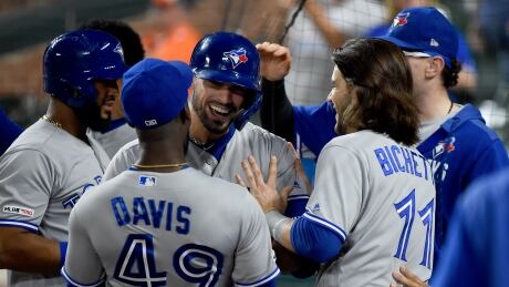 Randal Grichuk of the Toronto Blue Jays celebrates with teammates after hitting a grand slam in the ninth inning against the Baltimore Orioles at Camden Yards on Wednesday. 1169386678