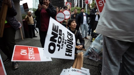 Vancouver’s downtown hospitality workers – from the Hotel Georgia, Hyatt, Westin Bayshore and Pinnacle Harbourfront hotels - walk off the job in a coordinated lunch hour strike outside the Hyatt Regency Hotel in Vancouver on Tuesday, September 17, 2019. Hyatt Regency Walkout