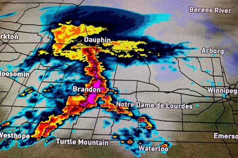 This weather radar map shows storms that moved across the province