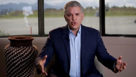 Colombia's President Ivan Duque speaks during an interview with The Associated Press before his departure to attend the U.N. General Assembly from the CATAM air base in Bogota, Colombia, Saturday, Sept. 21, 2019. Duque has ratcheted up pressure against Venezuela's President Nicolas Maduro in recent weeks accusing him of offering refuge to dissident FARC rebels that decided to break a peace process and take up arms again. (AP Photo/Ivan Valencia) Colombia President Interview