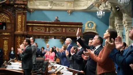 Quebec Premier François Legault, right, apologized to First Nations and Inuit leaders during a declaration at the legislature in Quebec City Wednesday, October 2, 2019. Que Indigenous Apology 20191002