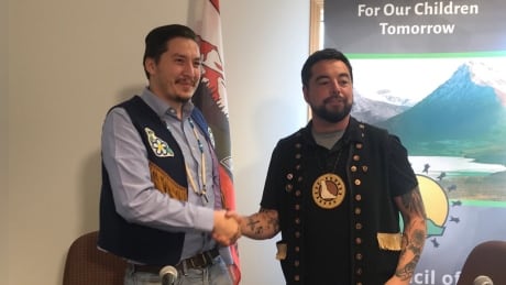 Vuntut Gwichin chief Dana Tizya-Tramm and Council of Yukon First Nations Grand Chief Peter Johnston. Dana Tizya-Tramm, Peter Johnston