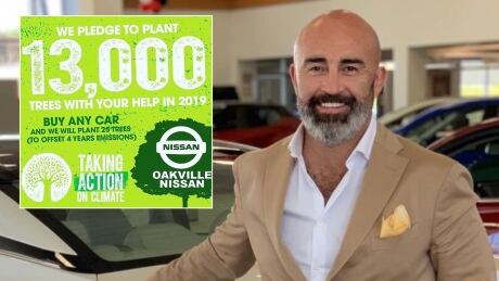 Greg Carrasco had hoped that by now, ads promoting the new environmental initiative at his two car dealerships in Oakville, Ont., (one of which has been added to this image) would be spreading far and wide on Facebook and Instagram. (Greg Carrasco/Facebook) Greg Carrasco Facebook Ad headline image
