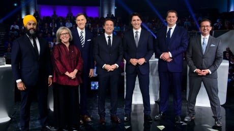 Host Patrice Roy from Radio-Canada, centre, introduces Federal party leaders, left to right, NDP leader Jagmeet Singh, Green Party leader Elizabeth May, People's Party of Canada leader Maxime Bernier, Liberal leader Justin Trudeau, Conservative leader Andrew Scheer, and Bloc Quebecois leader Yves-Francois Blanchet before the Federal leaders french language debate in Gatineau, Que. on Thursday, October 10, 2019. FedElxn Campaign 20191010