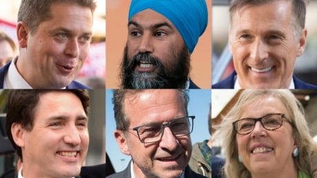 Top row, from left: Conservative Leader Andrew Scheer, NDP Leader Jagmeet Singh and People's Party of Canada Leader Maxime Bernier. Bottom row, from left: Liberal Leader Justin Trudeau, Bloc Québécois Leader Yves-François Blanchet and Green Party Leader Elizabeth May. Federal election leaders composite smile