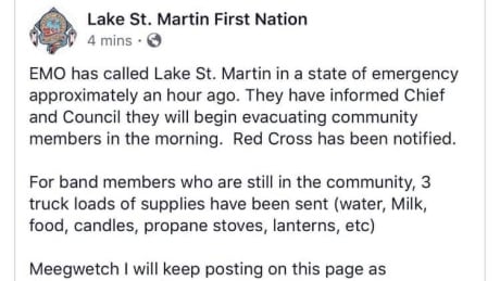 Lake St. Martin First Nation, one of several First Nations to declare their own state of emergencies on Saturday, will begin relocating community members on Sunday morning in the wake of a severe snowstorm that slammed southern Manitoba. STATE OF EMERGENCY