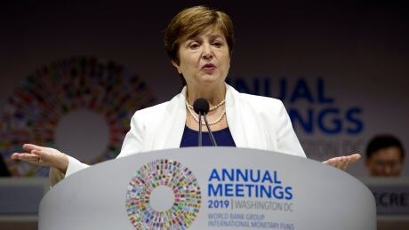 International Monetary Fund (IMF) Managing Director Kristalina Georgieva speaks during the opening ceremony of the World Bank/IMF Annual Meetings in Washington, Friday, Oct. 18, 2019. Global Finance