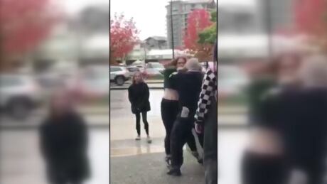 Bystander video captured the altercation outside the Valley Centre in Lynn Valley. Security guard punches teenage girl