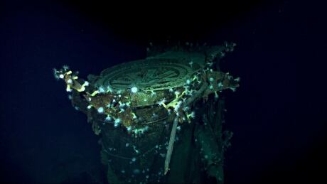 In this Oct. 7, 2019 image taken from underwater video provided by Vulcan Inc., the Japanese aircraft carrier Kaga is shown in the Pacific Ocean off Midway Atoll in the Northwestern Hawaiian Islands. A research vessel called the Petrel is launching underwater robots about halfway between the U.S. and Japan in search of warships from the Battle of Midway. Weeks of grid searches around the Northwestern Hawaiian Islands already have led the Petrel to one sunken battleship, the Kaga. This week, it's investigating what could be another. (Vulcan Inc. via AP) Battle of Midway Sunken Warships
