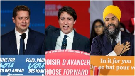 Conservative Leader Andrew Scheer, Liberal Leader Justin Trudeau and NDP Leader Jagmeet Singh speak after the results of Monday's election. Their speeches overlapped, despite the convention that leaders make space for each other to speak. Scheer Trdueau Singh speeches