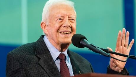 FILE - In this Sept. 18, 2019, file photo former President Jimmy Carter acknowledges a student who's question has been picked for him to answer during an annual Carter Town Hall held at Emory University in Atlanta. Carter has been hospitalized after a fall at his home in Plains, Ga. A statement from The Carter Center says Carter suffered "a minor pelvic fracture" on Monday, Oct. 21 but remains in good spirits and looks forward to recovering at home. Jimmy Carter Fall