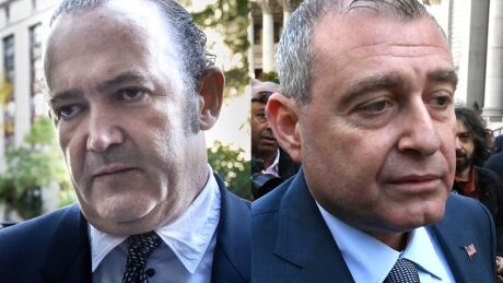 In this composite image, Igor Fruman, left and Lev Parnas, right, are seen outside federal court in New York City for an arraignment hearing on Wednesday. The associates of Rudy Giuliani are among four who have been arrested for allegedly conspiring to circumvent federal campaign finance laws. lev-igor