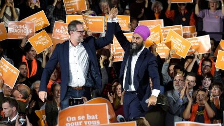 NDP leader Jagmeet Singh, centre right, and Alexandre Boulerice, NDP incumbent for Rosemont—La Petite-Patrie attend a rally with supporters in Montreal on Wednesday, October 16, 2019. FEDELXN NDP 20191016