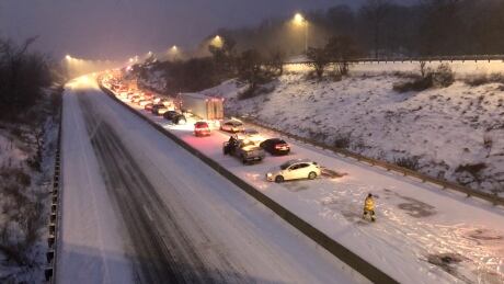 Ontario Provincial Police closed a westbound stretch of Highway 401 near Kingston, Ont., on Dec. 1, 2019, after a major pileup. OPP say it involved between 30 and 40 vehicles. kingston highway 401 collision pileup crash dec 1 2019