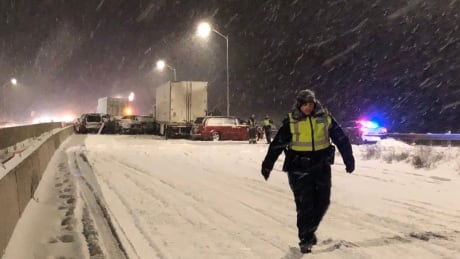 Westbound lanes of Highway 401 in Kingston, Ont., were closed for about 14 hours after a major pileup Dec. 1, 2019. kingston highway 401 crash pileup