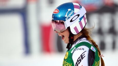 American Mikaela Shiffrin celebrates her first career World Cup super-G title in Dec., 2018, at Lake Louise, Alta. shiffrin-mikaela-120319