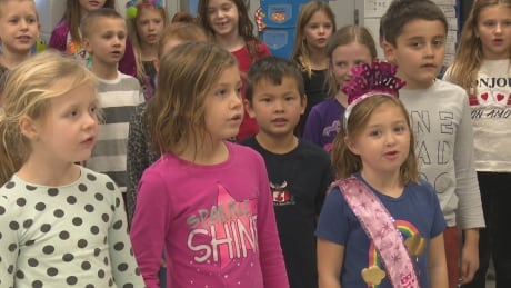 Grade two students at McNaughton Avenue Public School in Chatham are singing the national anthem in Ojibwe. Grade two students
