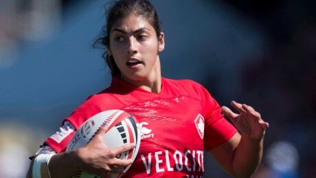 Canada's Bianca Farella, shown in this 2018 file photo, scored the first two tries of the match in her team's 24-19 win over Russia on Thursday in Dubai. RGU-Sevens-Langford 20180513