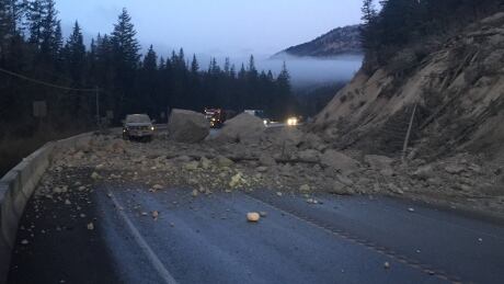 DriveBC.ca tweeted a picture of the rockslide that has forced the closure of B.C. Highway 93, north of Cranbrook, Thurs., Dec. 5, 2019 rockslide