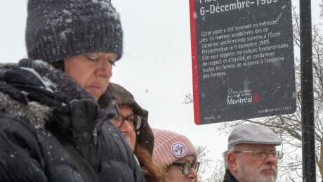 People attend the inauguration of a new sign at Dec. 6th Park commemorating the 30th anniversary of the 1989 Ecole Polytechnique attack where a lone gunman killed 14 female students Thursday, December 5, 2019 in Montreal. The new sign now mentions that it was an attack against women and feminists. MTL Massacre Anniversary 20191205