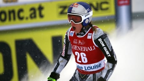 Czech Republic's Ester Ledecka celebrates her first-ever World Cup downhill title on Friday at Lake Louise, Alta. ledecka-ester-120619-2