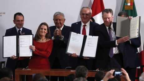 Mexico's Treasury Secretary Arturo Herrera, left, Deputy Prime Minister of Canada Chrystia Freeland, second left, Mexico's President Andres Manuel Lopez Obrador, center, Mexico's top trade negotiator Jesus Seade, second right, and U.S. Trade Representative Robert Lighthizer, hold the documents after signing and update to the North American Free Trade Agreement, at the national palace in Mexico City, Tuesday, Dec. 10. 2019. Mexico US Canada Trade