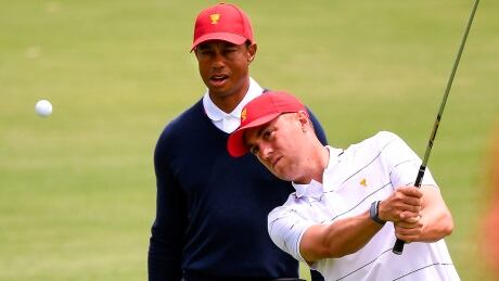 U.S. captain Tiger Woods, left, and teammate Justin Thomas, right, will pair for Thursday’s opening match at the Presidents Cup against Internationals Marc Leishman and Joaquin at Royal Melbourne in Australia. woods-tiger-thomas-191212-1180