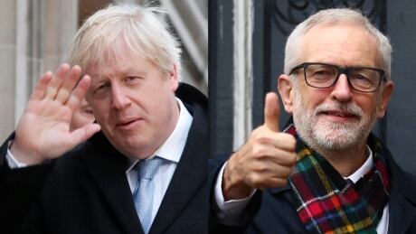 Left: Britain's Prime Minister Boris Johnson arrives at a polling station at the Methodist Central Hall to vote in the general election in London on Dec. 12, 2019. Right: Britain's opposition Labour Party leader Jeremy Corbyn at a polling station to vote in London. johnson corbyn composite